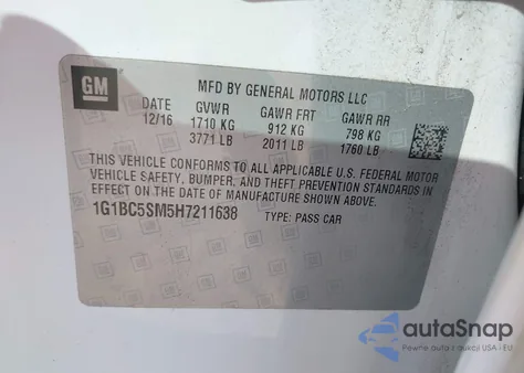 2017 Chevrolet Cruze Ls Auto z USA, uszkodzony, nr VIN 1G1BC5SM5H7211638